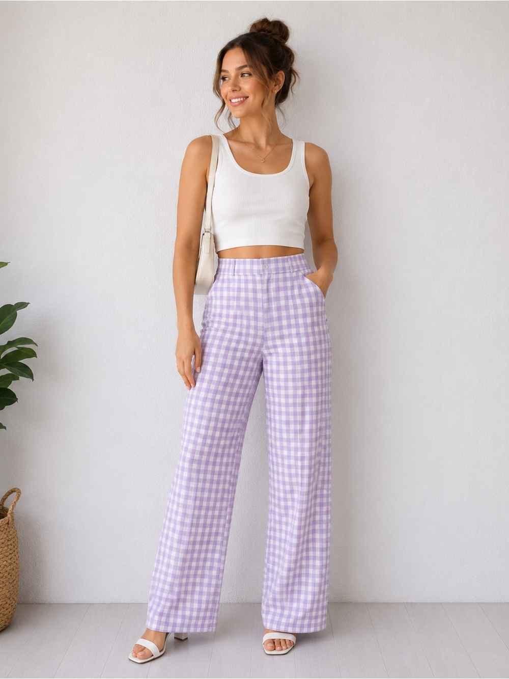 Zara Lilac‎ Gingham Wide Leg Pants Size S Purple Checkered Trousers